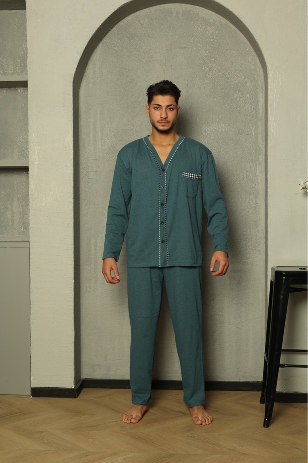 Sude Men's Poplin Petrol Green Piping Long Sleeve Button-Down Combed Cotton Pajamas Set