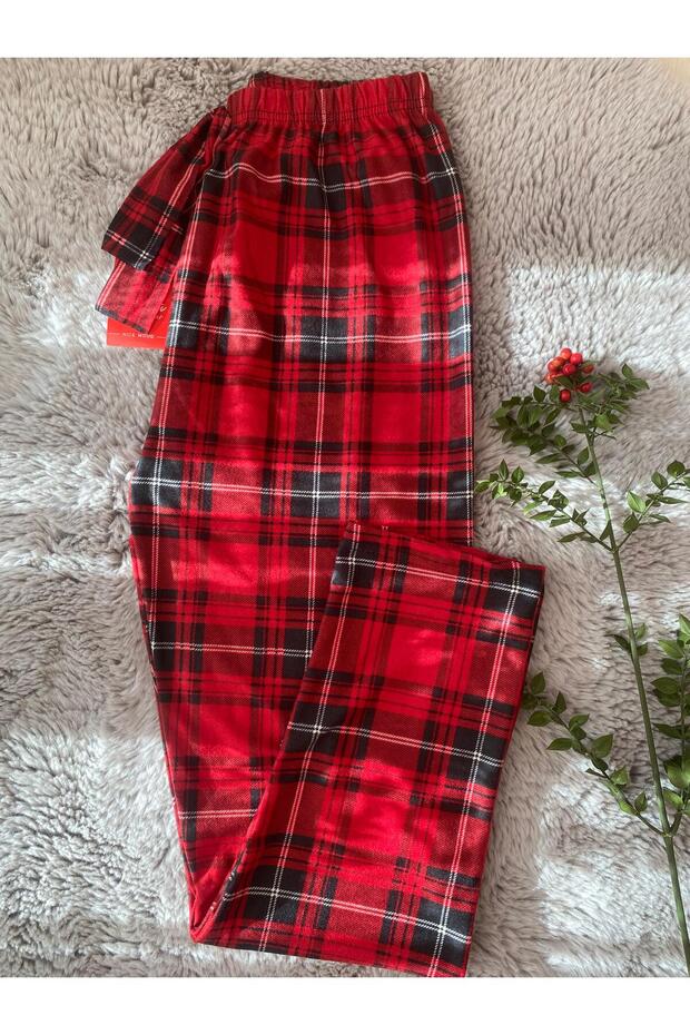 Ekoseli Kırmızı Süet Tek Alt Pijama - 1