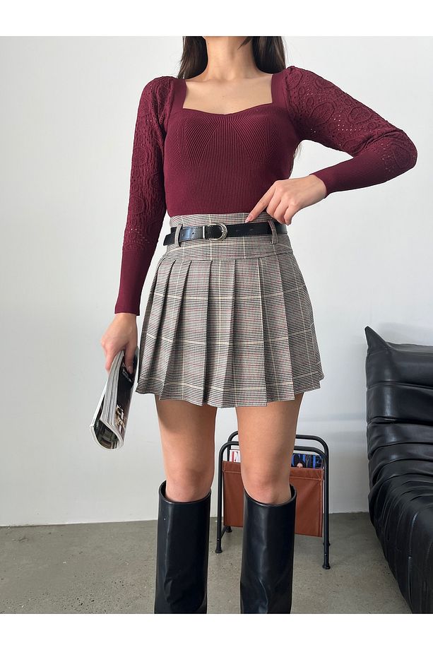 Kadın Kemerli Şort Astarlı Pileli Mini Etek - 8