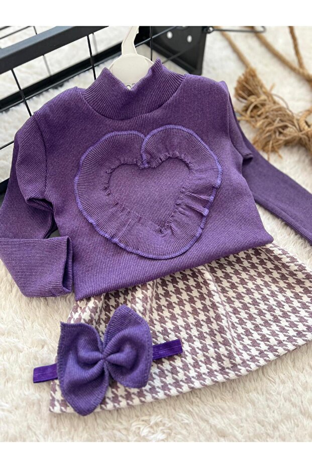 Baby Child Heart Blouse Bodysuit Houndstooth Skirt Bandana Set