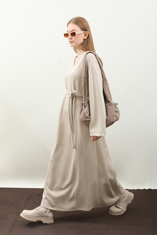 V Yaka Sweat Elbise Krem - 6