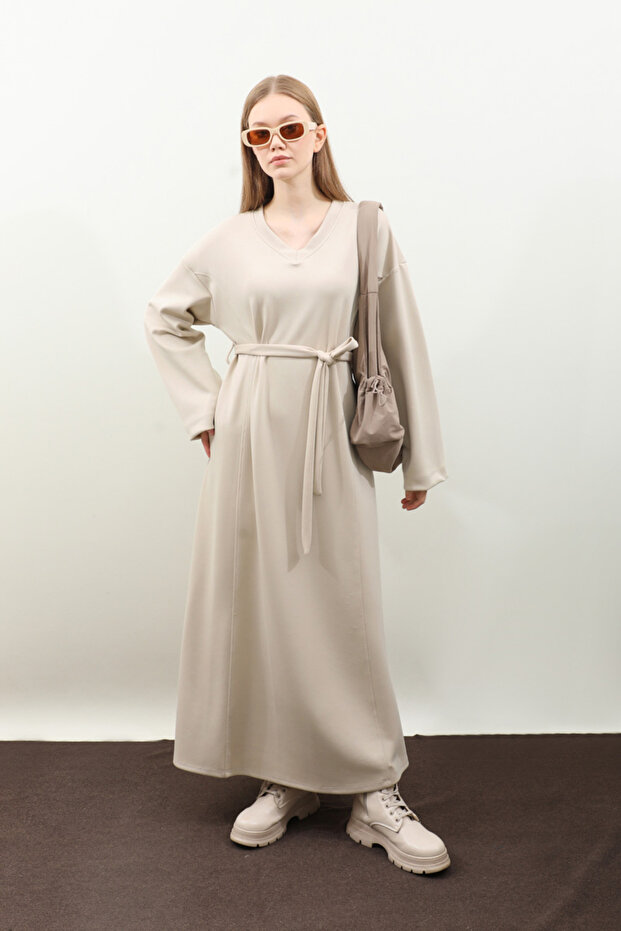 V Yaka Sweat Elbise Krem - 5