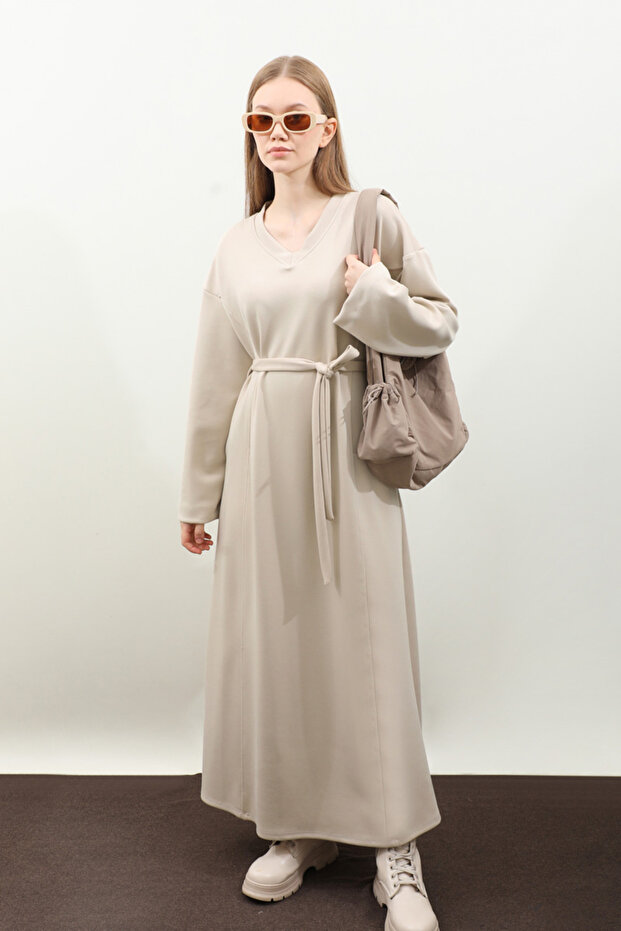 V Yaka Sweat Elbise Krem - 4