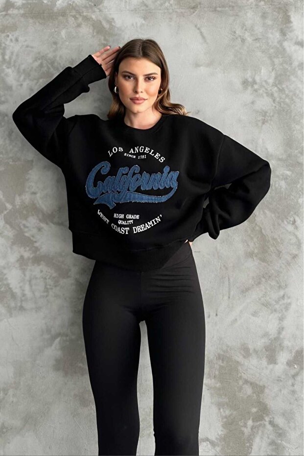 Vizyon Kadın Kot Baskılı 2 Iplik Sweatshırt S.m.l.xl Bedenler Nevcut - 1