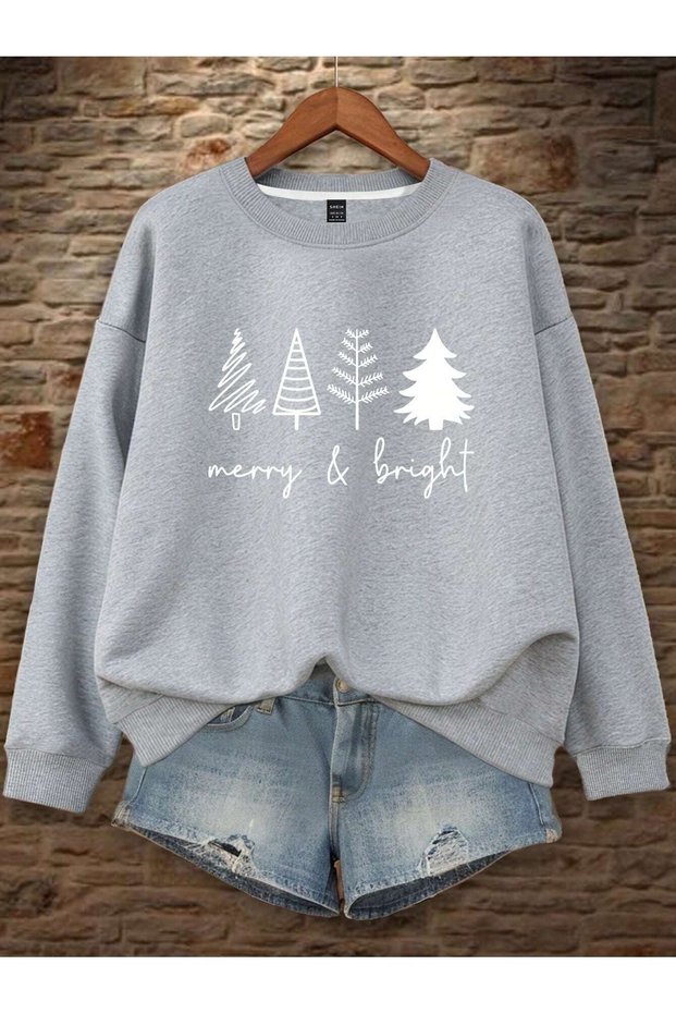 سويت شيرت نسائي كبير الحجم مطبوع عليه Merry Bright باللون الرمادي