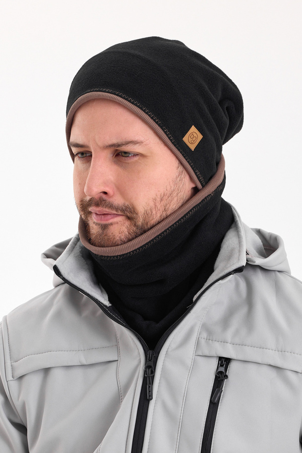 Men's Black Fleece Outer, Coffee Cotton Underwear Double Color Double Layer Foldable Beanie Neck Collar Set