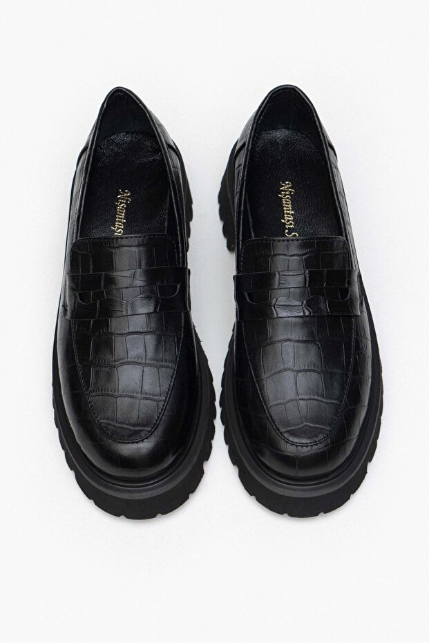 Queena fekete mintás valódi bőr vastag talpú női cipő - 8