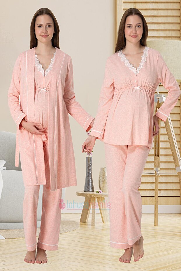 Salmon Lace Detailed Maternity Pajamas Set with Dressing Gown
