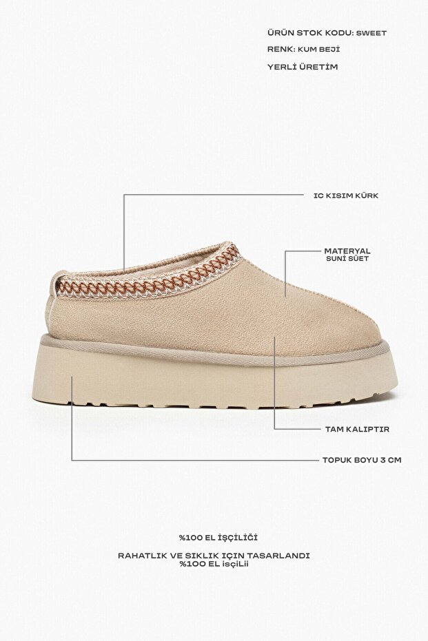 Süße, sandbeige Wildleder-Hausschuhe mit flacher Sohle und Fellfutter von Sabo - 3