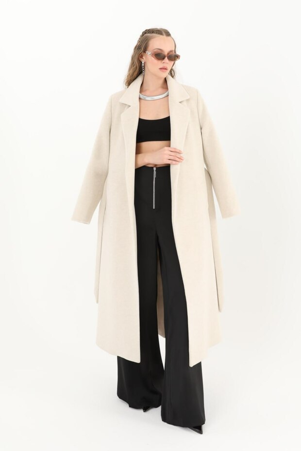 Women's Belted Long Length Lined Cashmere Dark Beige Coat Beige 15170