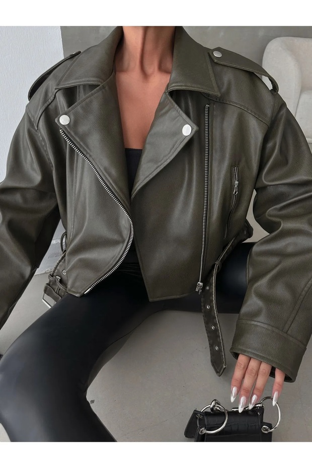 New Season Oversize Women's Green Biker Leather Jacket