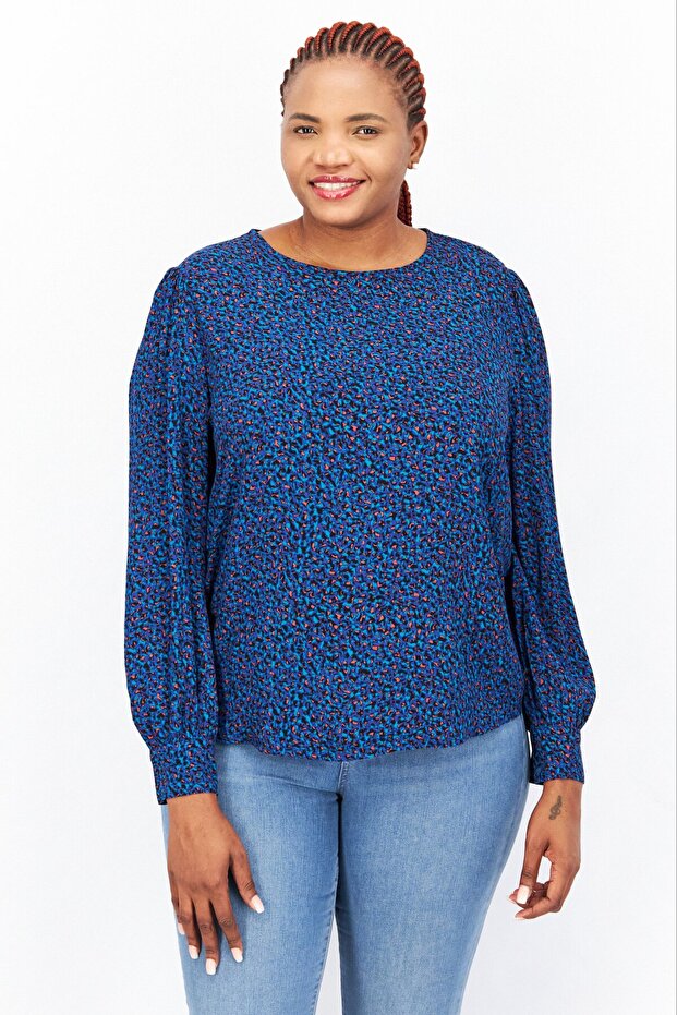 Women Round Neck Long Sleeve Allover Print Top, Blue Combo