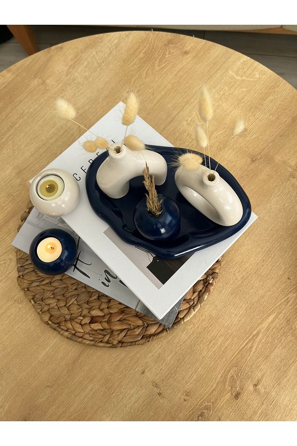 Lacivert Minimal Vazo, Seti Tealight Mumluklu 6 Parça Set - 3