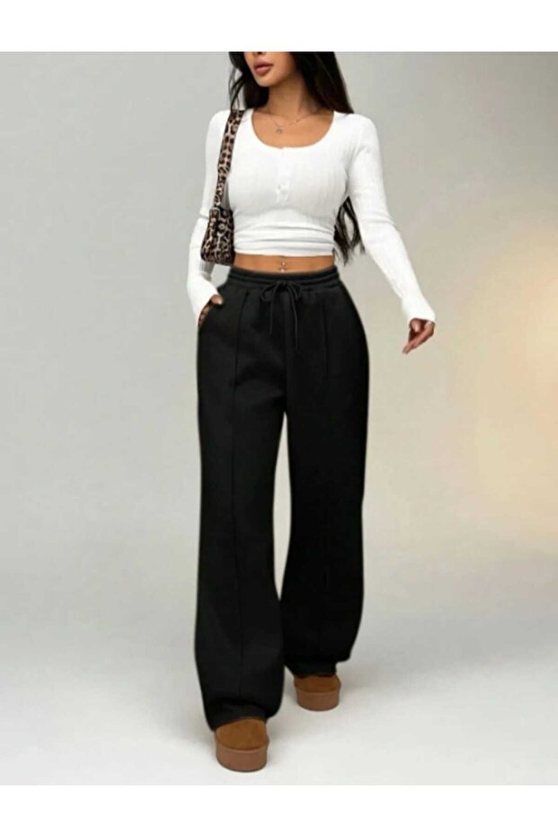 Vizyon Kadın 3 Iplik Şardonlu Ön Çımalı Geniş Paça Eşofman Altı - 2