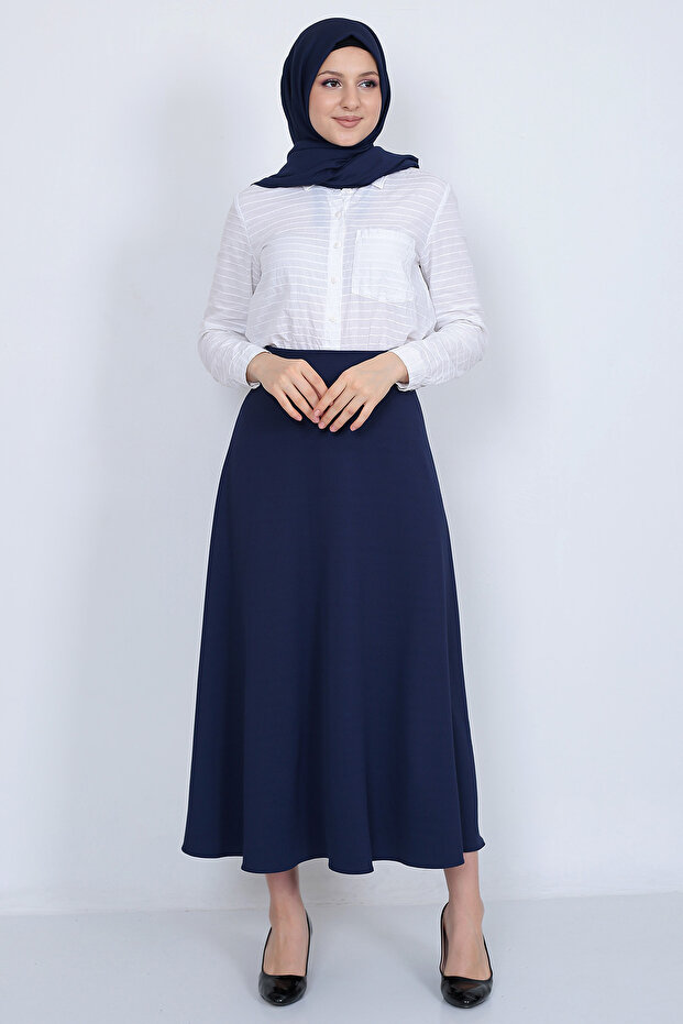 Women's Navy Blue Hijab Long Corded Mevlana Skirt