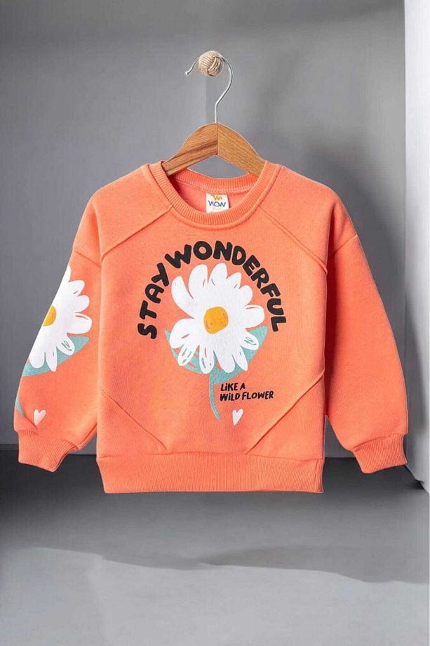 Papatya Baskılı Kız Çocuk 3iplik Şardonlu Kalın Sweatshirt Tek Üst Kışlık Eşofman 1-2-3-4yaş - 1