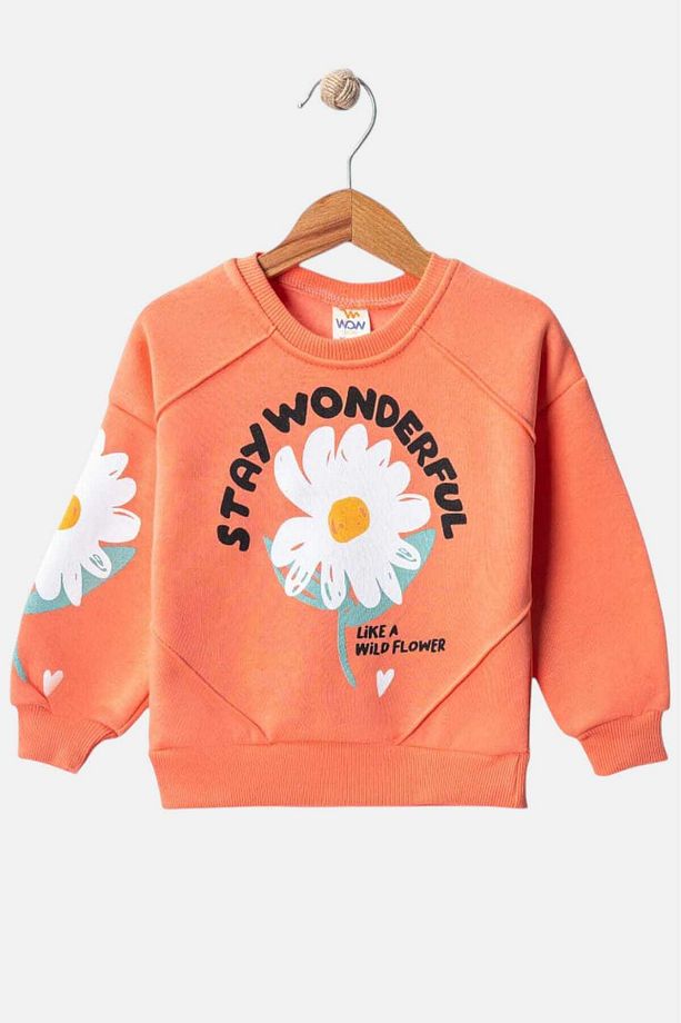 Papatya Baskılı Kız Çocuk 3iplik Şardonlu Kalın Sweatshirt Tek Üst Kışlık Eşofman 1-2-3-4yaş - 3