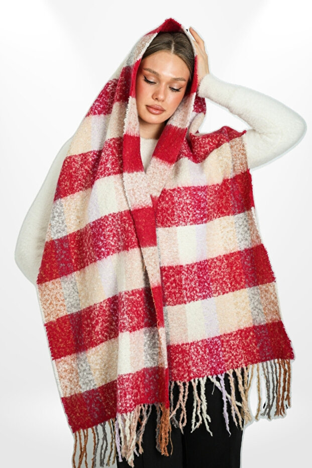 Plaid Patterned Soft Textured Striped Tasseled Thick Shoulder Shawl Scarf - Red/Cream