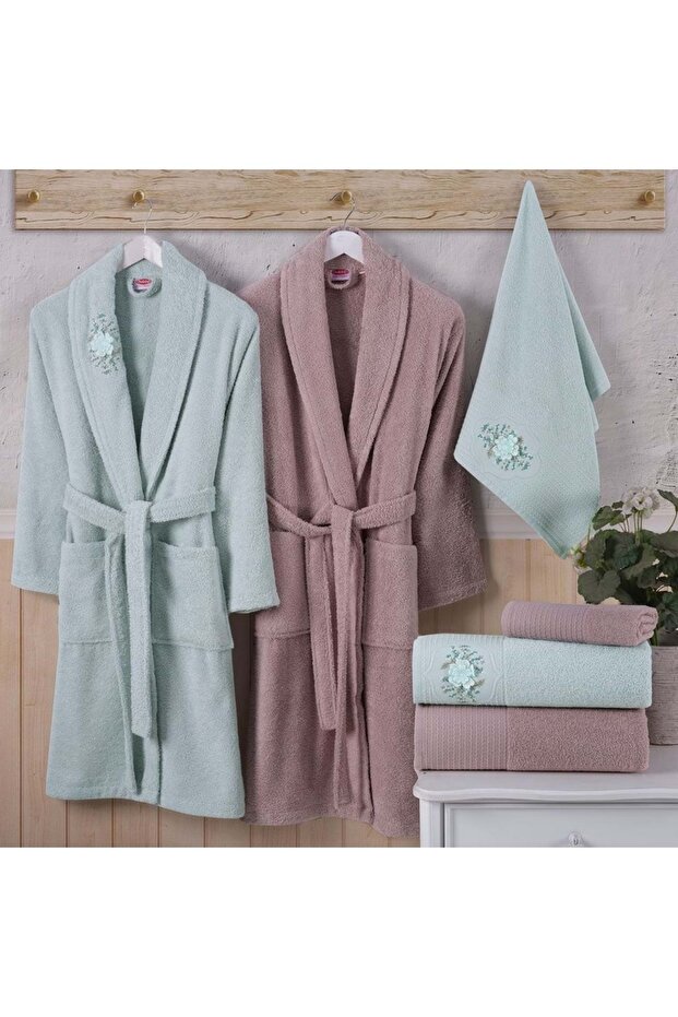 Family Bathrobe Set - 100% Pure Cotton, Aqua Green and DarK Beige