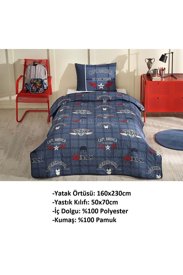 Kapitoneli %100 Pamuk Tek Kiş Çocuk Yat Örtüsü (160X230)-avengers Heroes Lacivert - 2