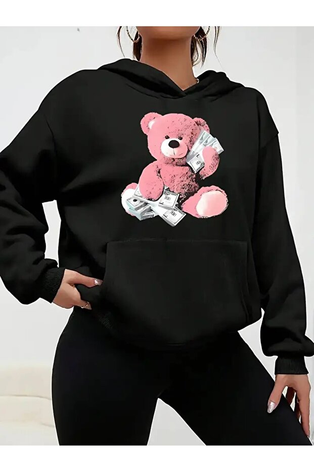 Unisex Black Hooded Teddy Bear Patterned Sweatshirt