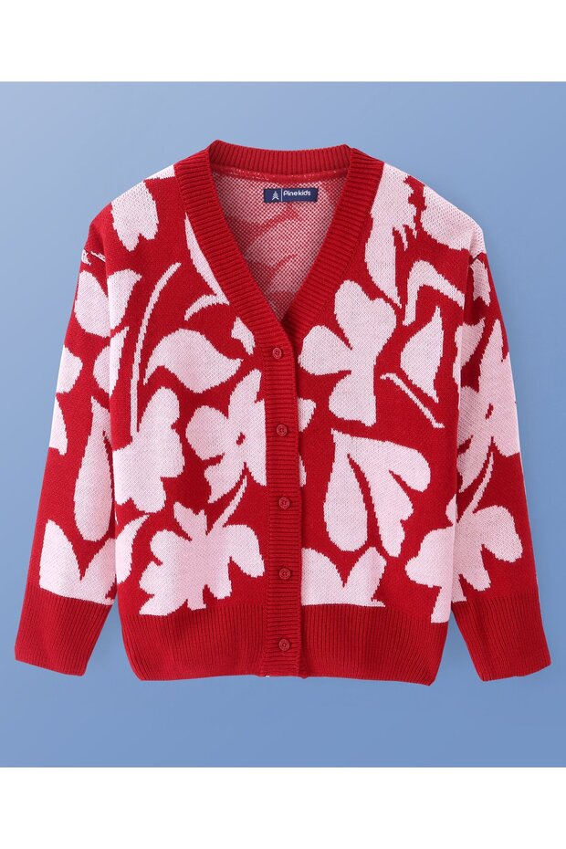 سترة Pine Kids Knit بأكمام كاملة مفتوحة من الأمام بتصميم زهور - عنابي