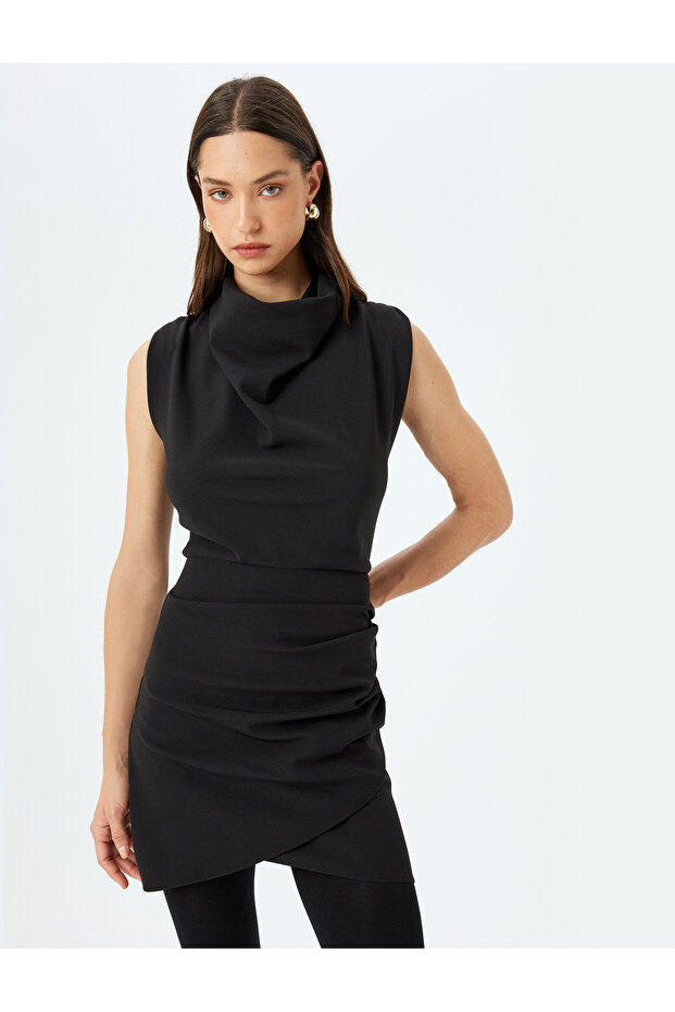 Upright Draped Neckline Draped Sleeveless Double Breasted Mini Dress