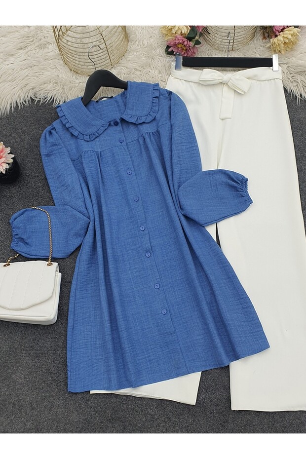 ياقة دائرية تونيك بأزرار للرجال - نيلي - 1