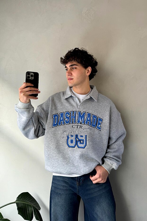 Dash Made Embroidered Gray Melange Polo Neck Sweatshirt
