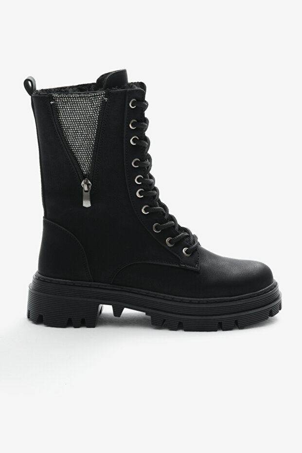 Női fekete matt Thermo Sole Side Stone részletes fűzős és cipzáras csizma - 2