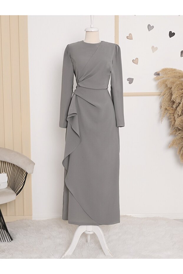 Asymmetrical Crepe Dress with Allerli Skirt on the Front - Gray