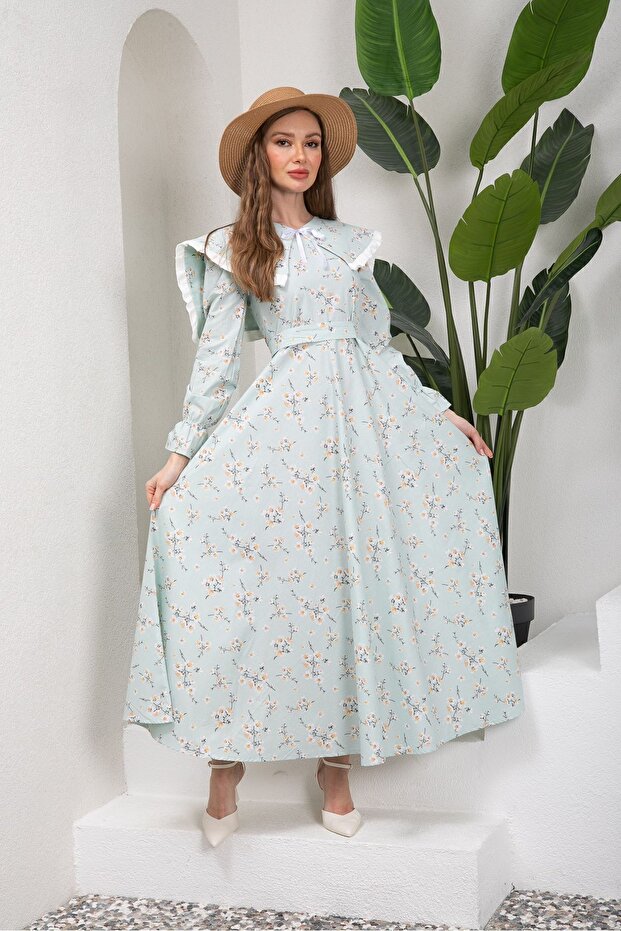 Modest Spring Branch Water Green Detachable-Collar Flared Dress (DRESS-HAT)