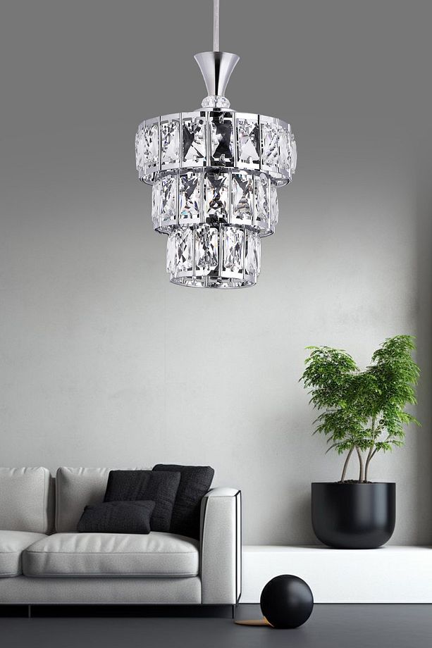 3 KATLI LÜKS KROM KRİSTAL TAŞLI TEKLİ SALON-MUTFAK-ODA-HOL AVİZE - 1