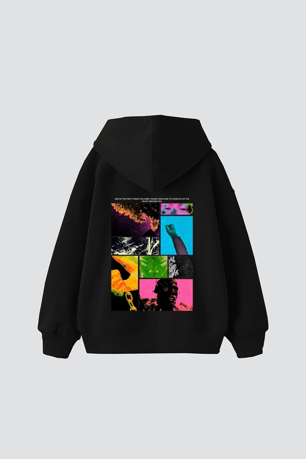 First Space Printed Oversize Unisex Black Hoodie