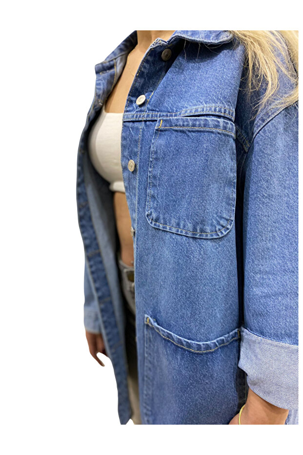 5316 Dört Cepli Oversize Gömlek Mavi - 3