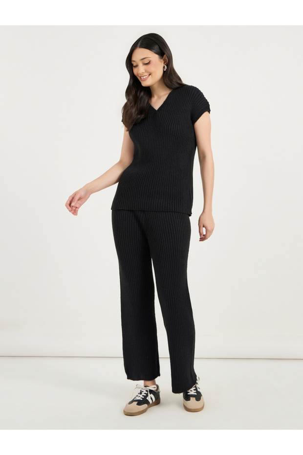 V Neck Knitted Sweater Top & Straight Leg Pants Co-Ords