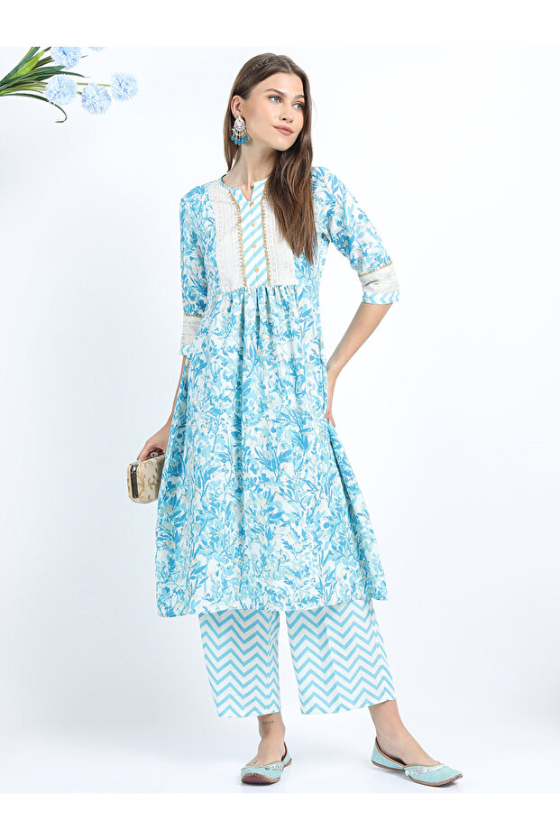 Floral Print Pleated Kurti & Palazzos Set
