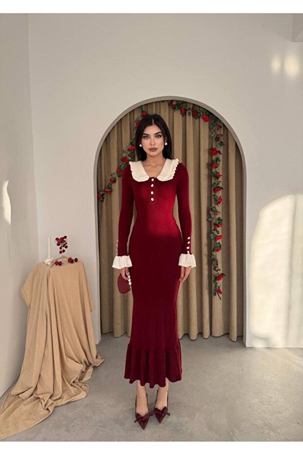 Bebe Yaka Düğmeli Uzun Triko Elbise - 1