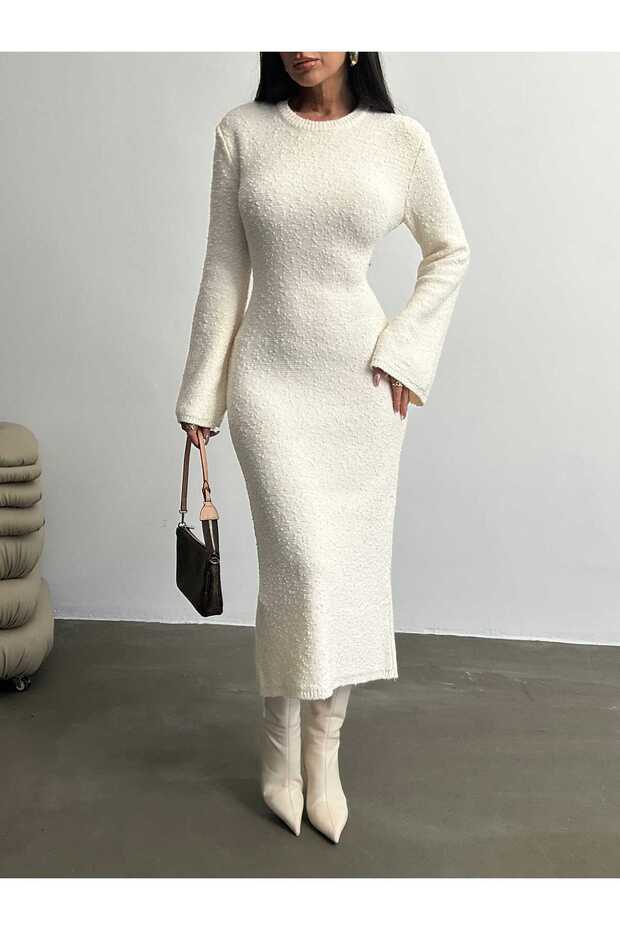 Kadın İspanyol Kol Desenli Triko Elbise - 3