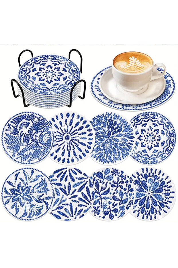 BD010 8-piece Set of DIY Diamond Painted Coasters with Blue and White Porcelain Pattern and Complime