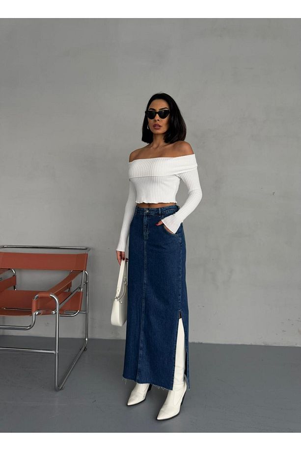 YANLARDAN YIRTMAÇLI JEAN MAXI ETEK - 1