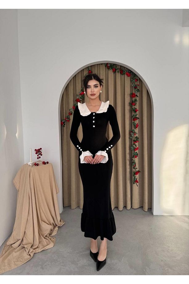 Bebe Yaka Düğmeli Uzun Triko Elbise - 3
