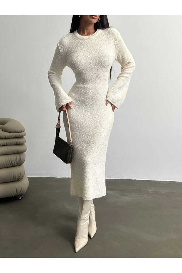 Kadın İspanyol Kol Desenli Triko Elbise - 4