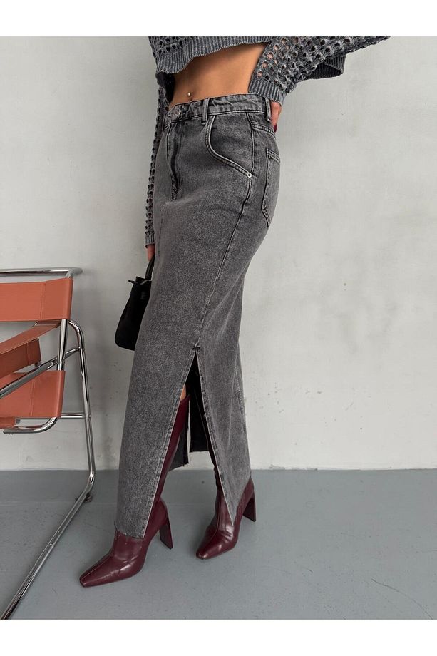 YANLARDAN YIRTMAÇLI FÜME JEAN MAXI ETEK - 6