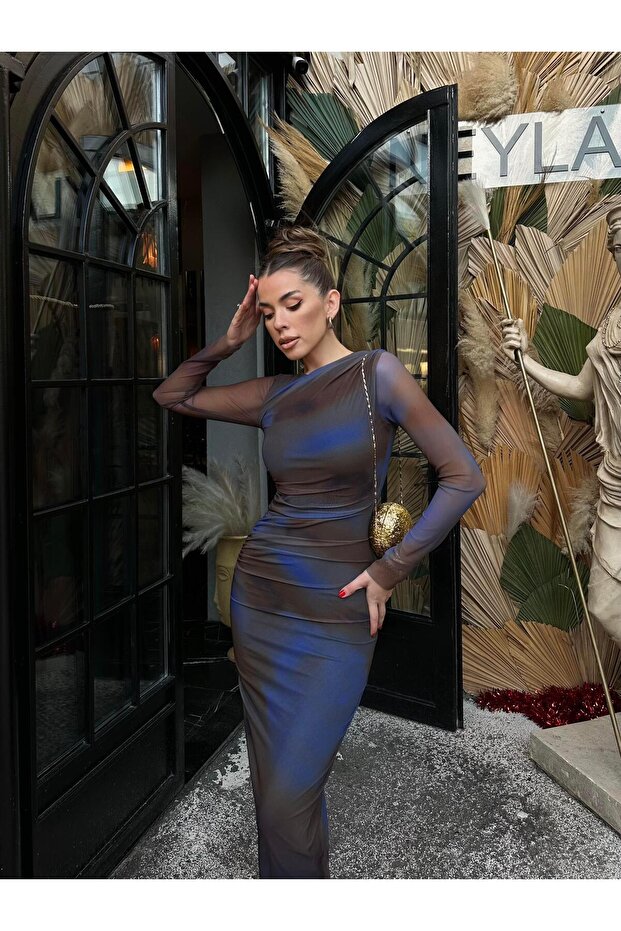 Channel Streç Tül Astarlı Elbise - 4