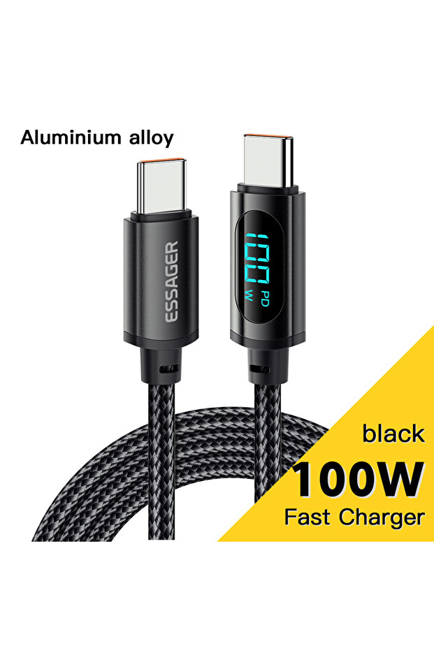 كابل ESSAGER أسود بطول 2 متر وقوة 100 واط، كابل شحن سريع 100 واط من نوع USB-C إلى USB-C بقوة 7 أمبير من ESSAGER PD