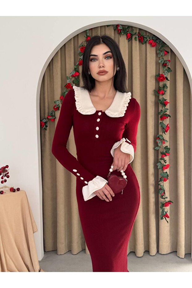 Bebe Yaka Düğmeli Uzun Triko Elbise - 5