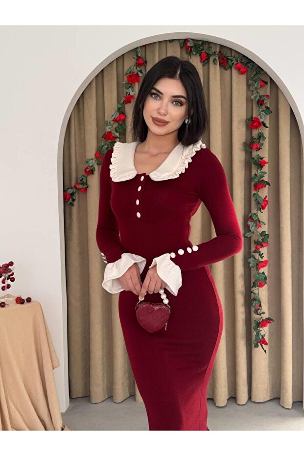 Bebe Yaka Düğmeli Uzun Triko Elbise - 3