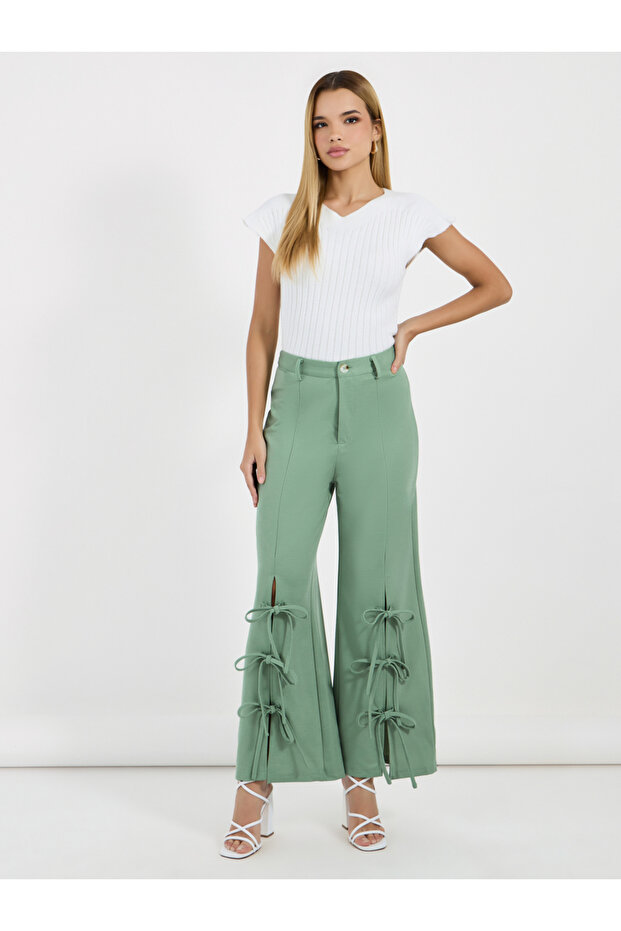 High Rise Split Hem Wide Leg Knotted Pants