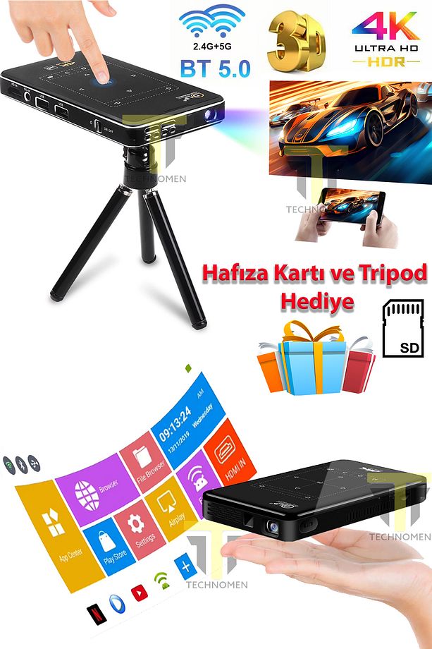 4K Mini Taşınabilir Projeksiyon Android Bluetooth HDMI Hafıza Kartı ve Tripod Hediyeli Projektör - 1
